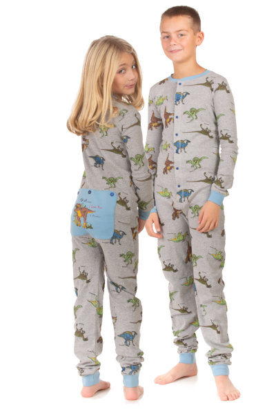 Dinosaur Union Suit Boys & Girls Onesie Pajamas T-Rex on Rear Flap, Kids 4 - 14